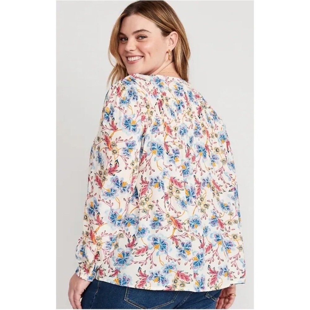 Old Navy Peasant Blouse Womens XL Cream Blue Pink Floral Split Neck Long Sleeve
